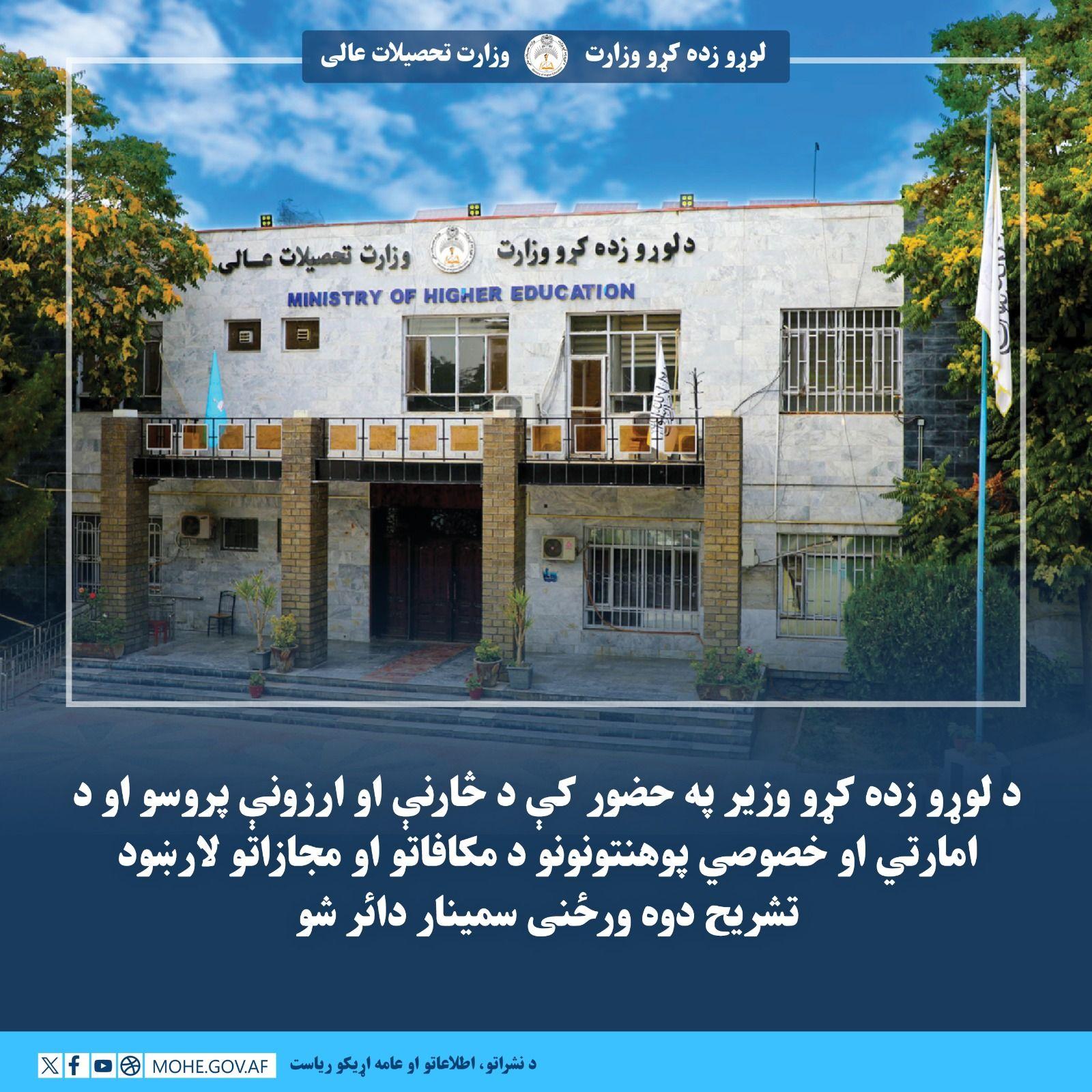 د لوړو زده کړو وزیر په حضور کې د څارنې او ارزونې پروسو او د امارتي او خصوصي پوهنتونونو د مکافاتو او مجازاتو لارښود تشریح دوه ورځنی سمینار دائر شو