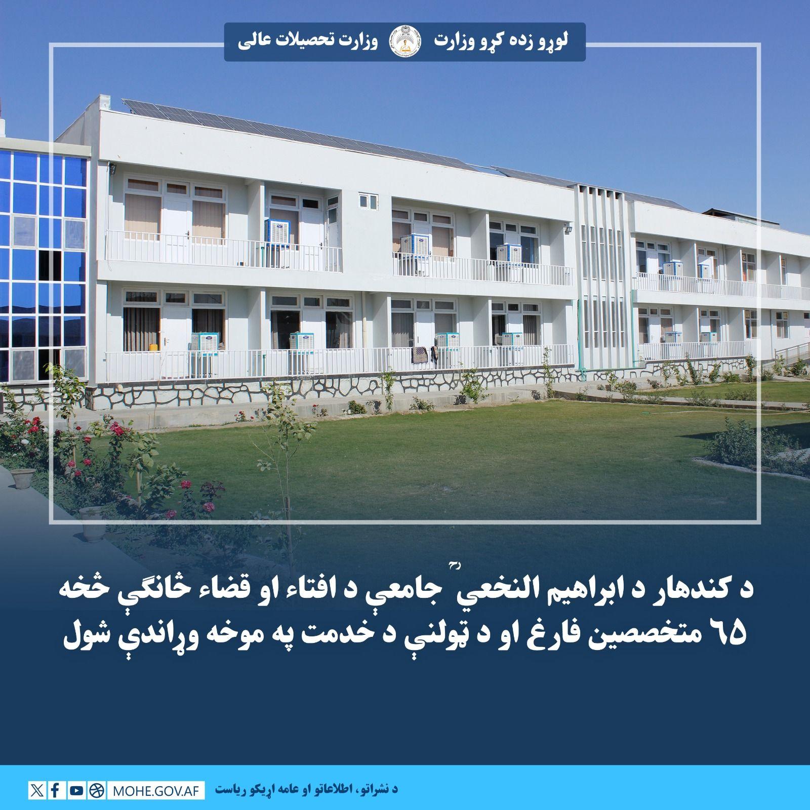 د کندهار ابراهیم النخعي ؒ جامعې د افتاء او قضاء څانګې د ۱۴۴۷ هـ.ق کال له یولسمې دورې څخه، ۶۵ متخصص مفتیان فارغ او د ټولنې د خدمت په موخه وړاندې شول.