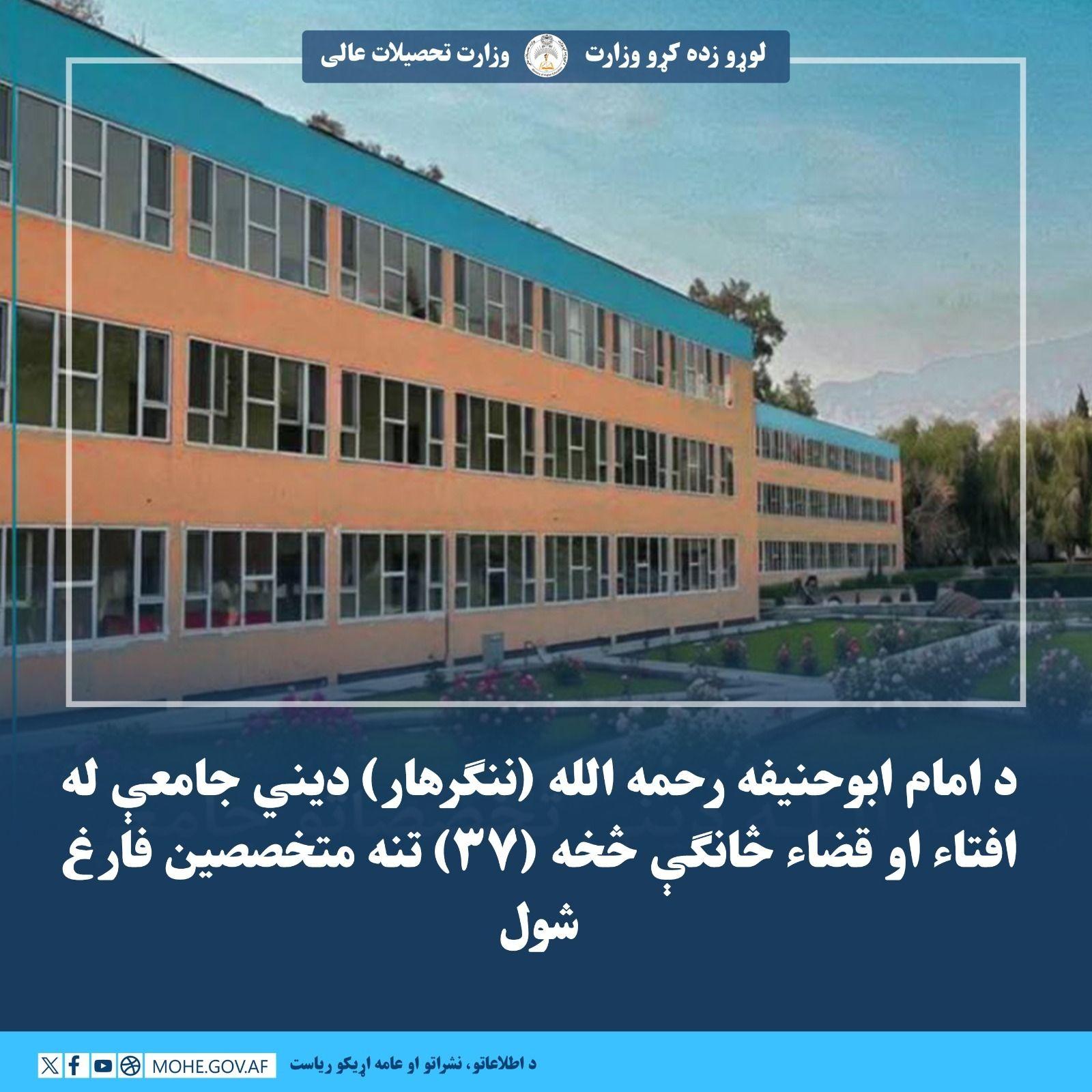 د امام ابوحنیفه رحمه الله (ننګرهار) دیني جامعې د افتاء او قضاء څانګې له لومړۍ دورې څخه (۳۷) تنه متخصصین فارغ شول