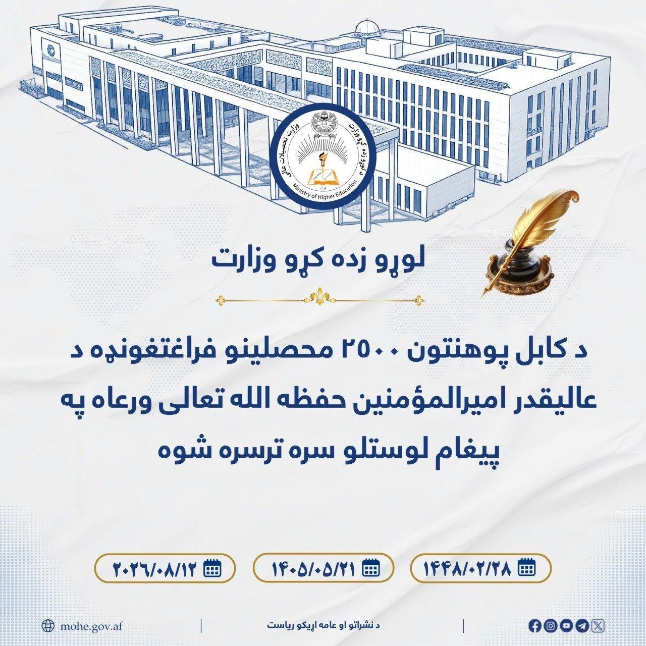 د کابل پوهنتون ۲۵۰۰ محصلینو فراغتغونډه د عالیقدر مشرتابه حفظه الله تعالی ورعاه په پیغام لوستلو سره ترسره شوه